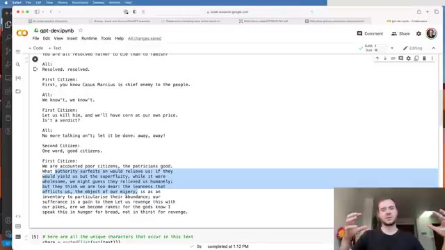 Tokenization the simplest way possible — <code>stoi</code> and <code>itos</code> over 65 characters, <code>encode</code>/<code>decode</code> as list comprehensions.