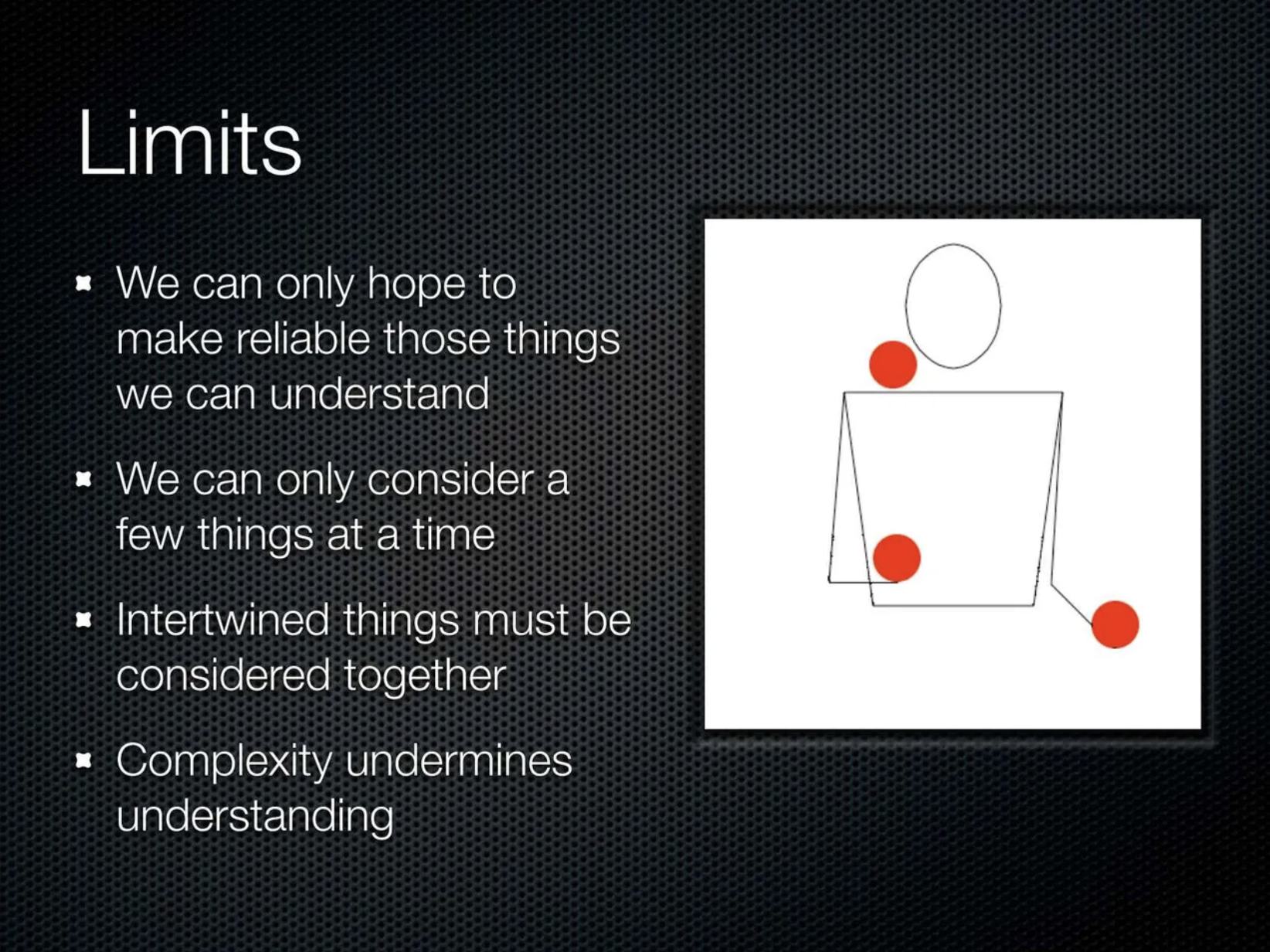 Limits: intertwined things must be considered together, and complexity undermines understanding