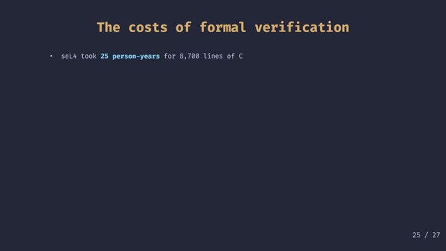 The cost of formal verification, classic edition: seL4 is roughly 8,700 lines of C and took ~25 person-years, with ~23 lines of proof per line of code. Grotesquely expensive — except where it isn&rsquo;t.