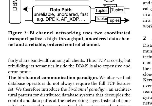 The bi-channel paradigm: a slow reliable control path (e.g. kernel TCP) carries acks and coordination while a fast unreliable data path (e.g. DPDK, AF_XDP) carries the bulk tuples