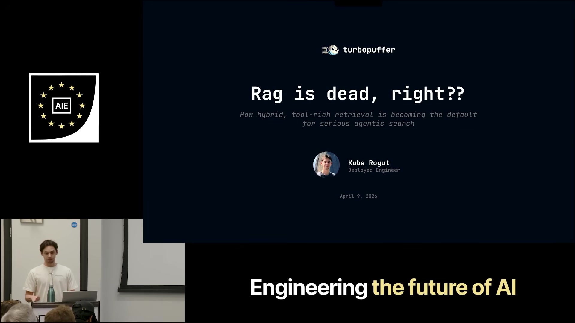 Kuba Rogut on stage opening 'RAG is dead, right?' at AI Engineer