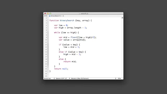 Binary search executing with visible array state alongside the code