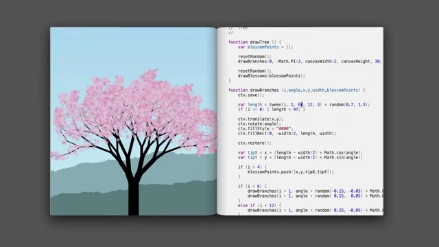 Live-coded tree scene with code on one side and rendered output on the other