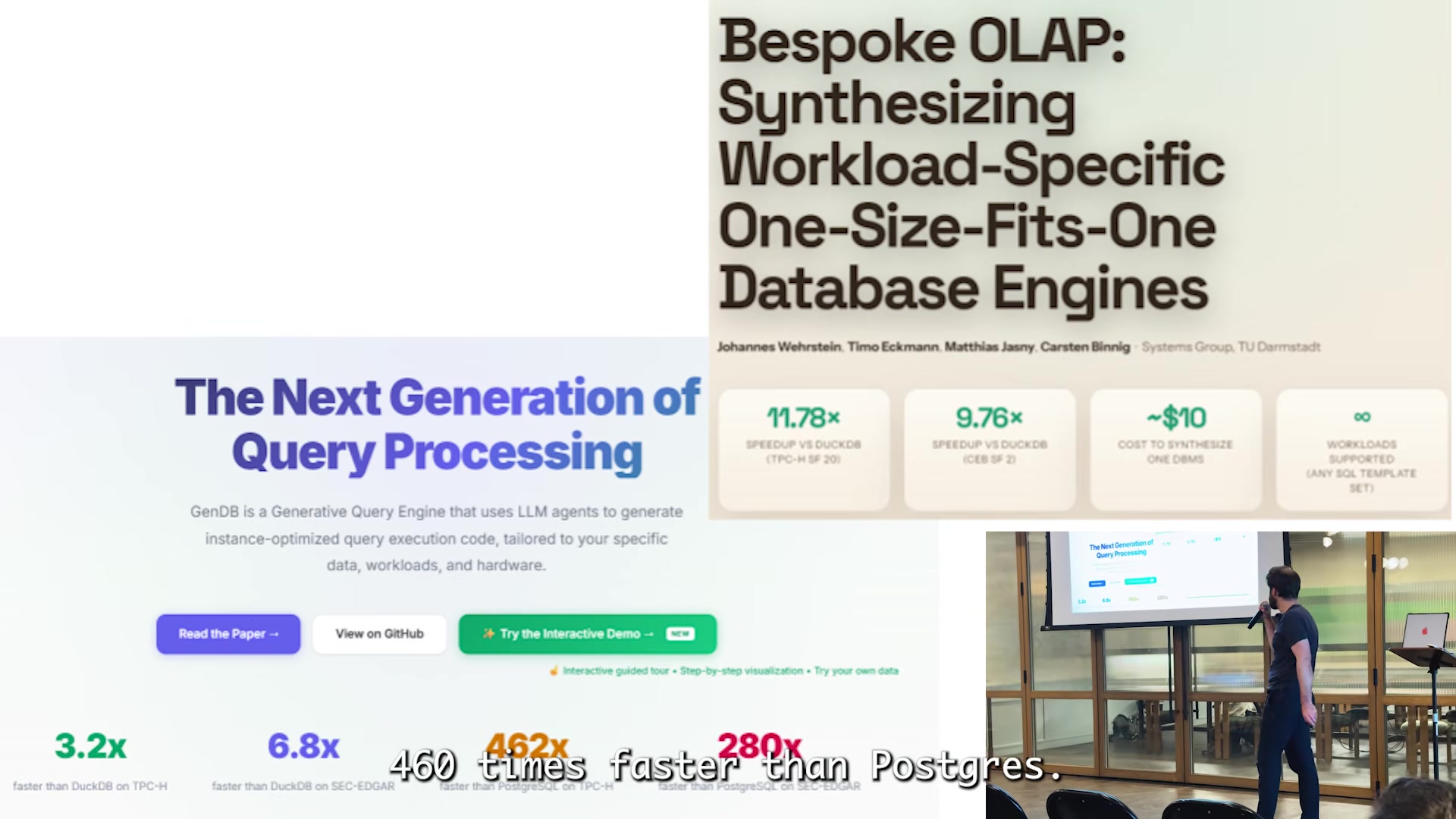 Slide showing headline speedup numbers from the GenDB and BespokeOLAP papers