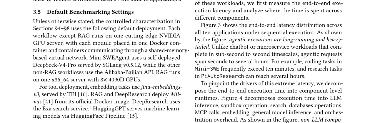 Decomposition of end-to-end execution time by component across the ten AgentSysBench applications. LLM inference is one bar segment among many; sandbox and search dominate in tool-heavy applications. Source: Chang, Zhou et al. — arXiv:2608.15127, Figure 4