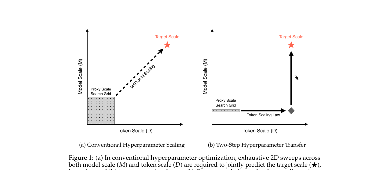 Conventional hyperparameter optimization requires a joint 2D sweep over model scale and token budget (left); the proposed framework replaces this with μP width transfer plus a token-axis scaling law from a proxy-scale search grid (right). Source: Kim, Lee, Bak et al. — arXiv:2608.20061, Figure 1