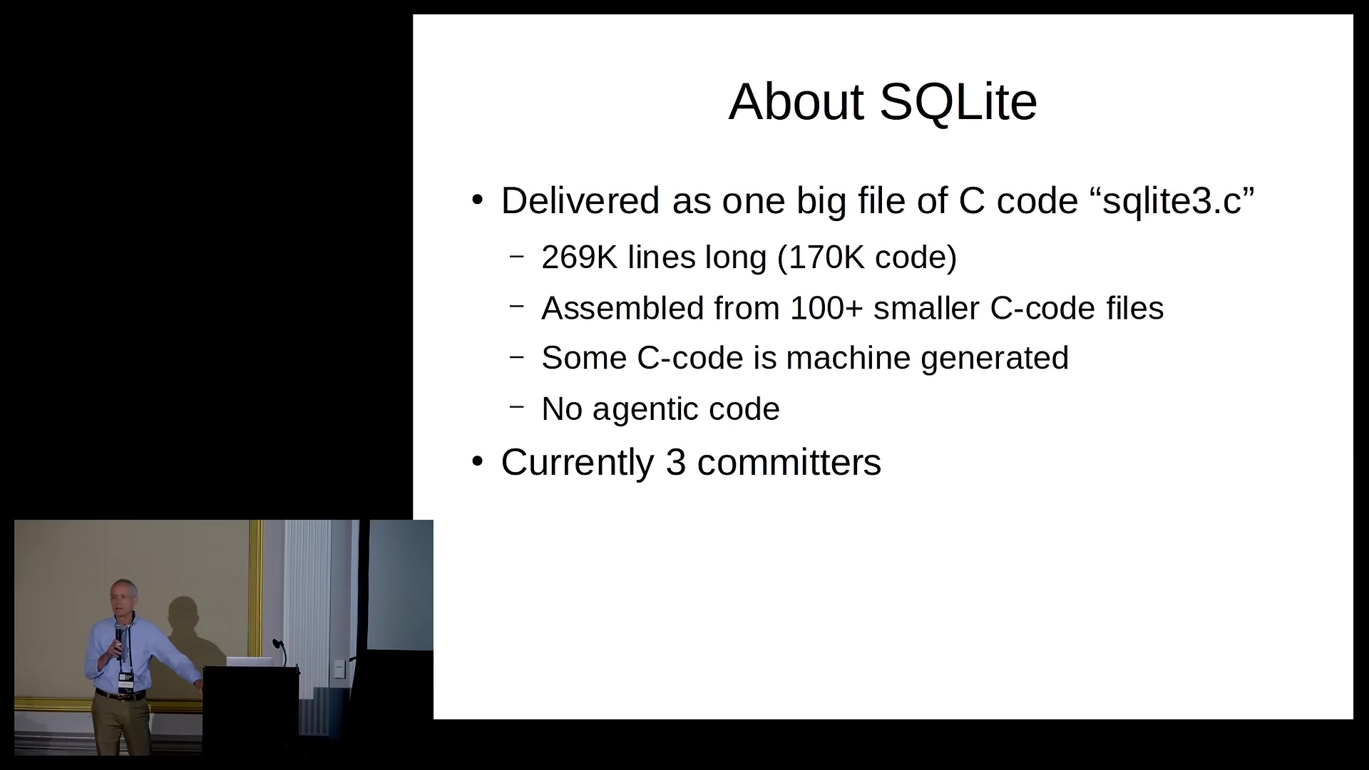 Slide listing SQLite's defining properties: full-featured SQL, power-safe ACID, a C library, a single file on disk