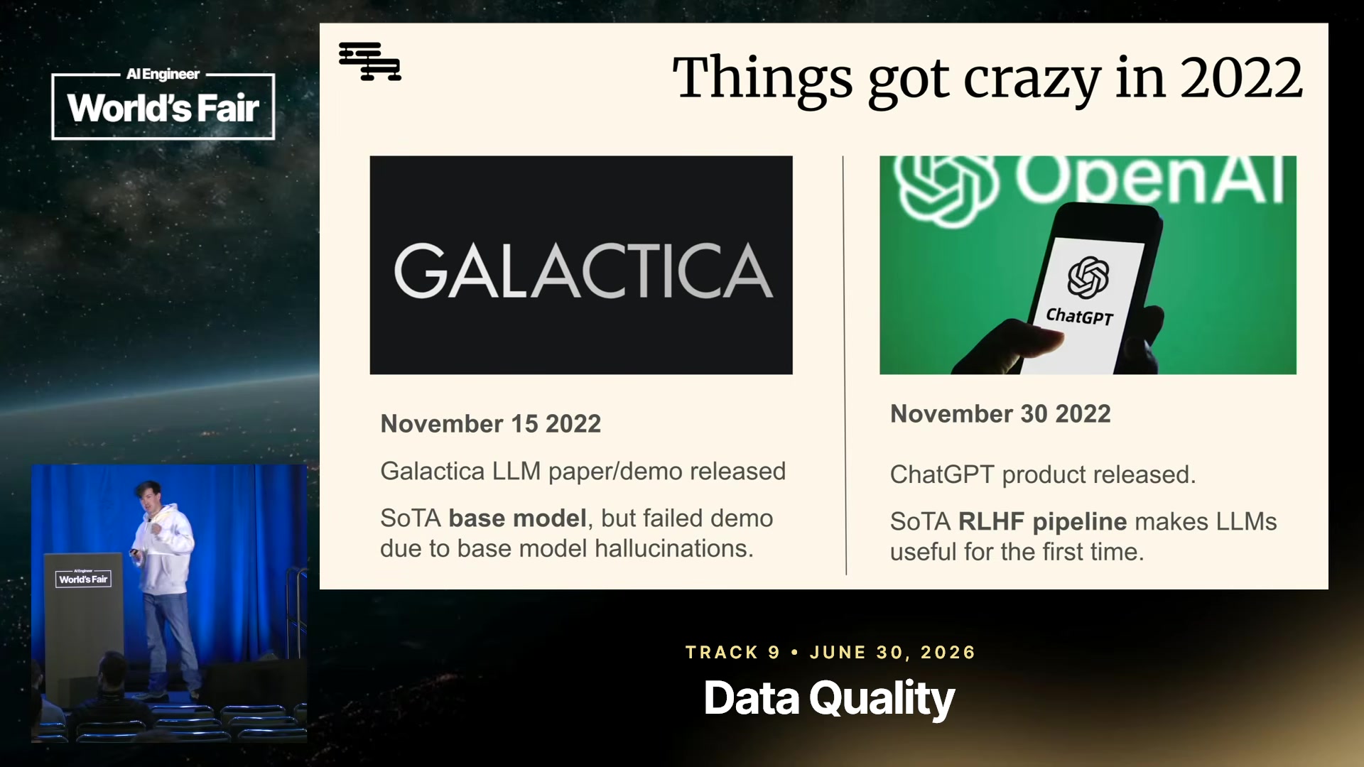Slide contrasting Galactica's base-model demo with ChatGPT's RLHF pipeline