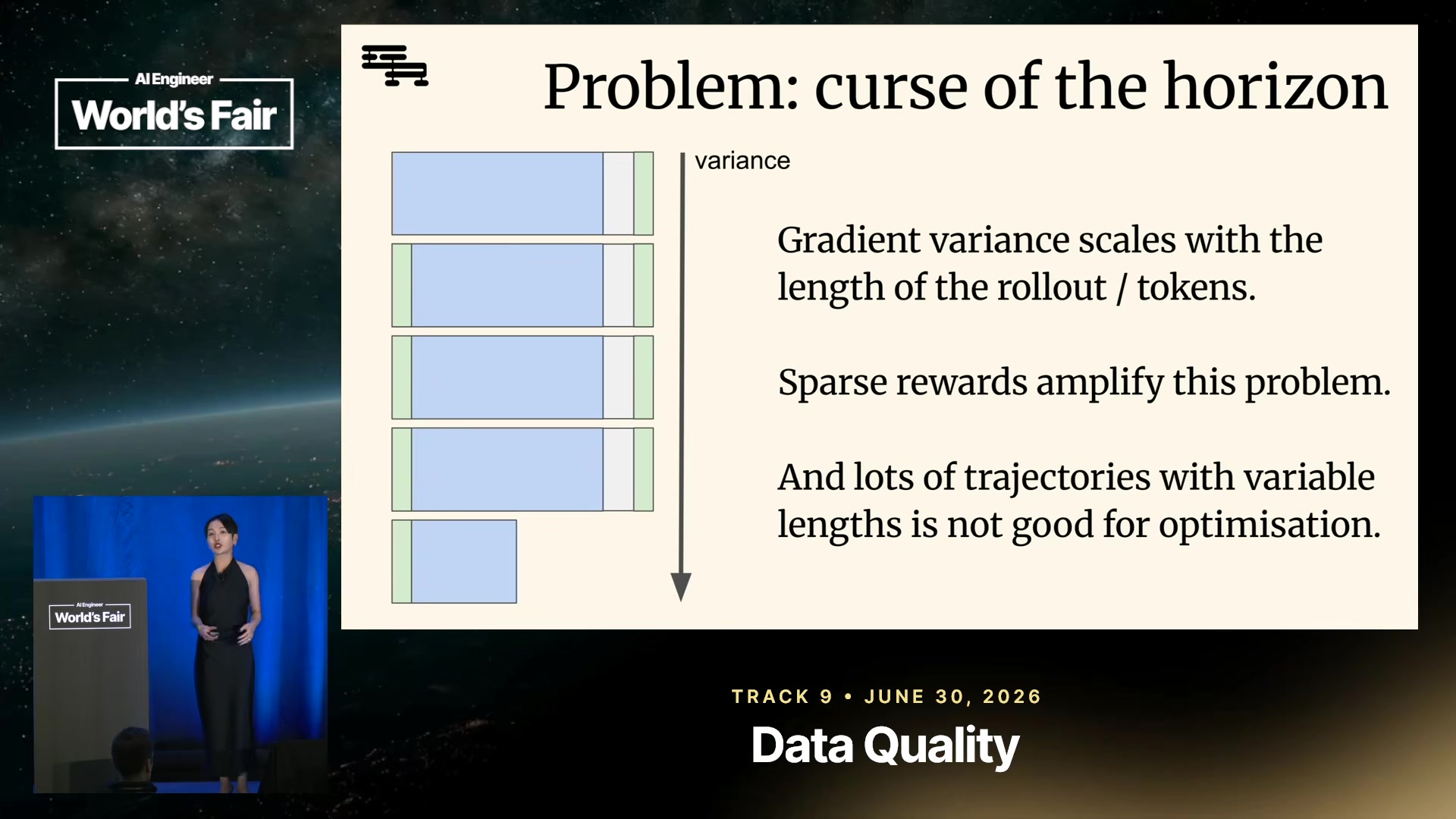 Gradient variance, sparse reward, variable trajectory length