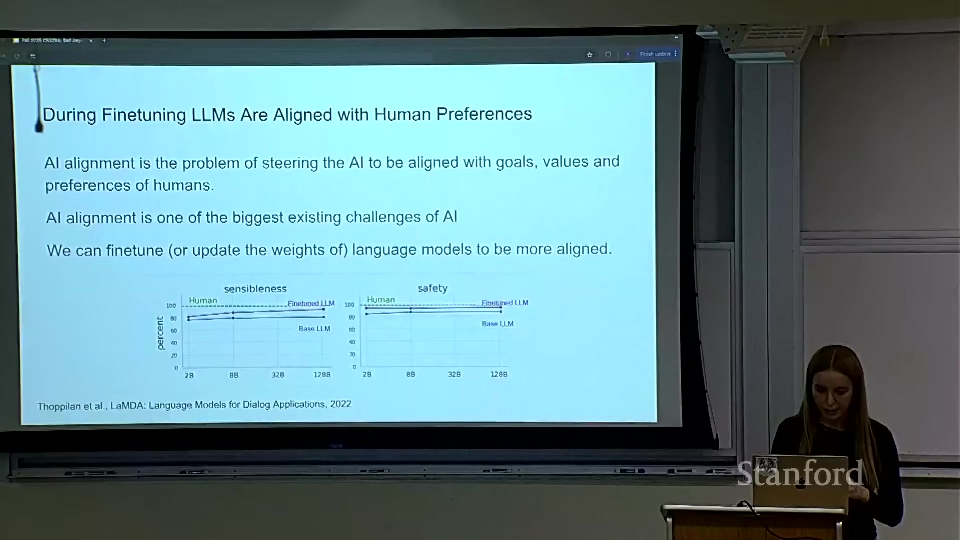 Slide showing alignment fine-tuning improving sensibleness and safety metrics