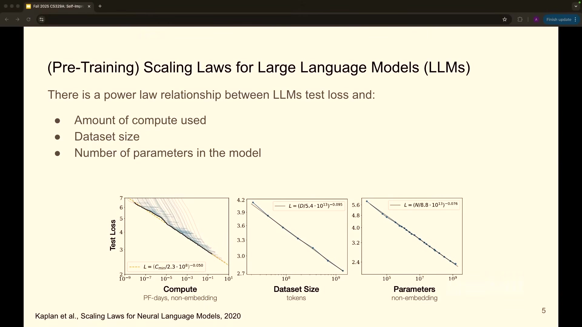 Scaling law curves showing test loss decreasing with compute, dataset size, and parameter count