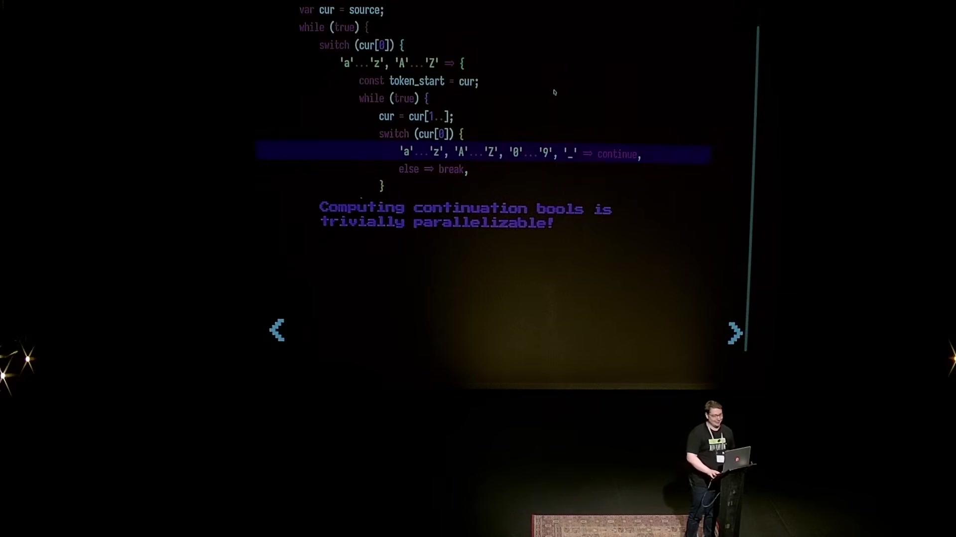 Slide: conventional tokenizer pseudocode, switching on the first character and looping over continuation characters