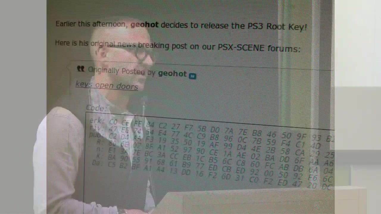 Slide: PS3 scene forum post announcing that geohot released the PS3 root key