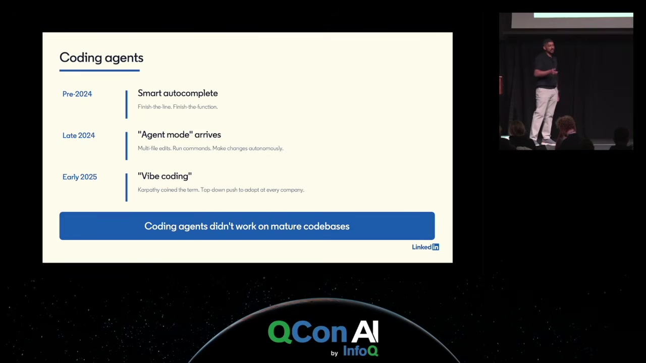 Slide: coding agents timeline, from smart autocomplete to vibe coding