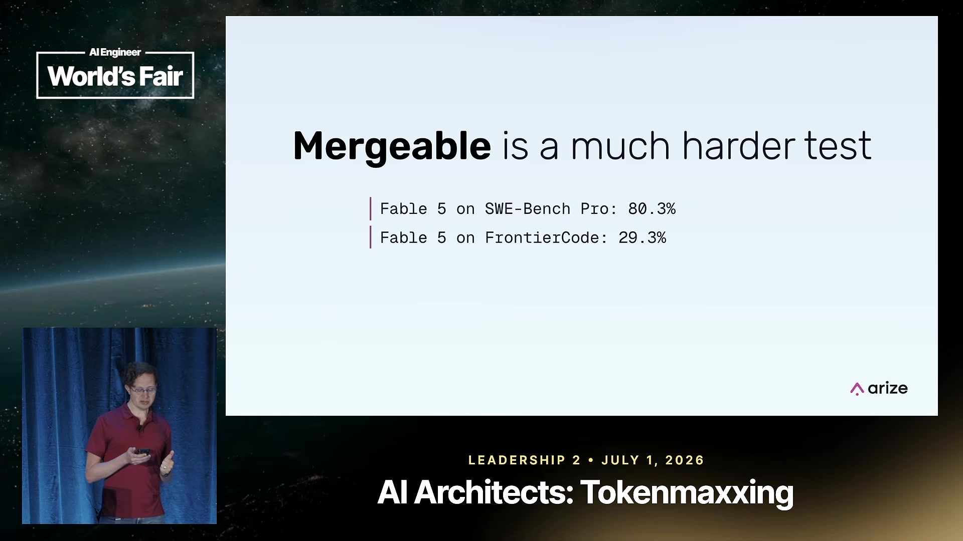 Slide: Fable 5 scores 80.3% on SWE-Bench Pro but 29.3% on FrontierCode