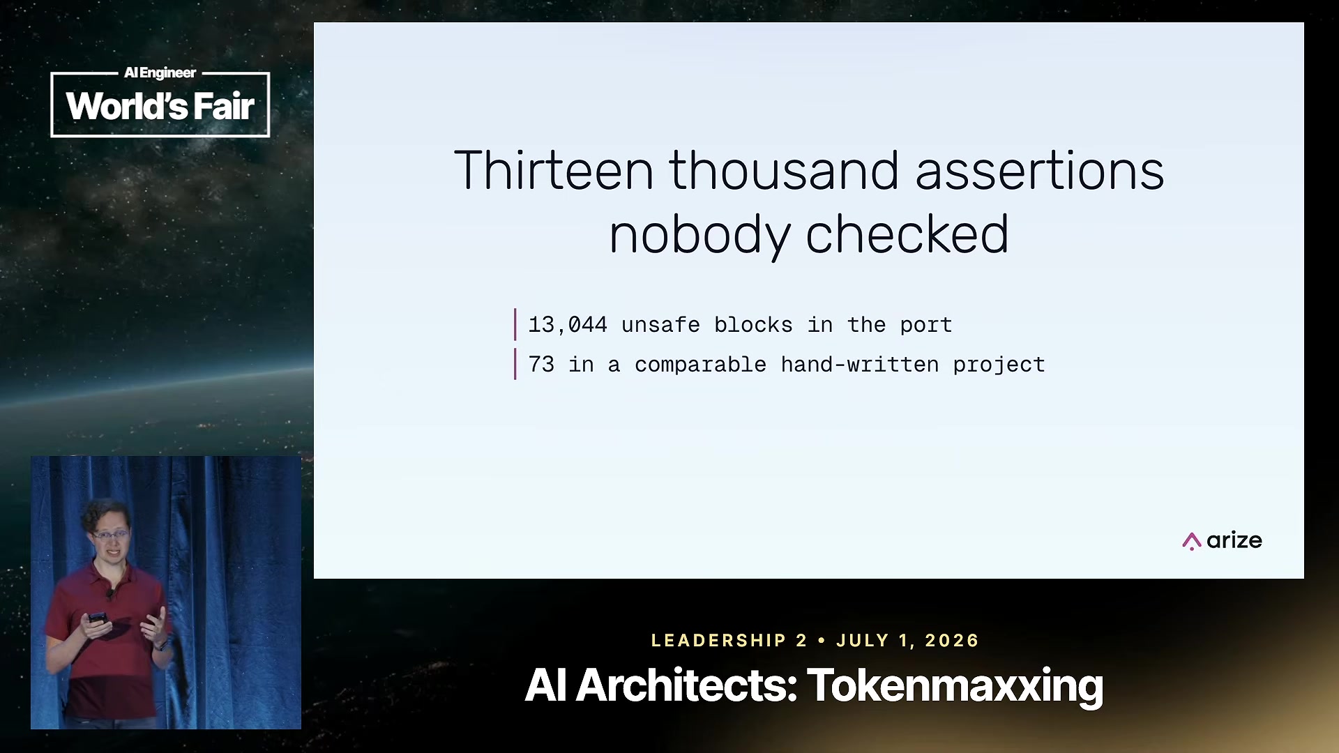 Slide: 13,044 unsafe blocks in the port, 73 in a comparable hand-written project