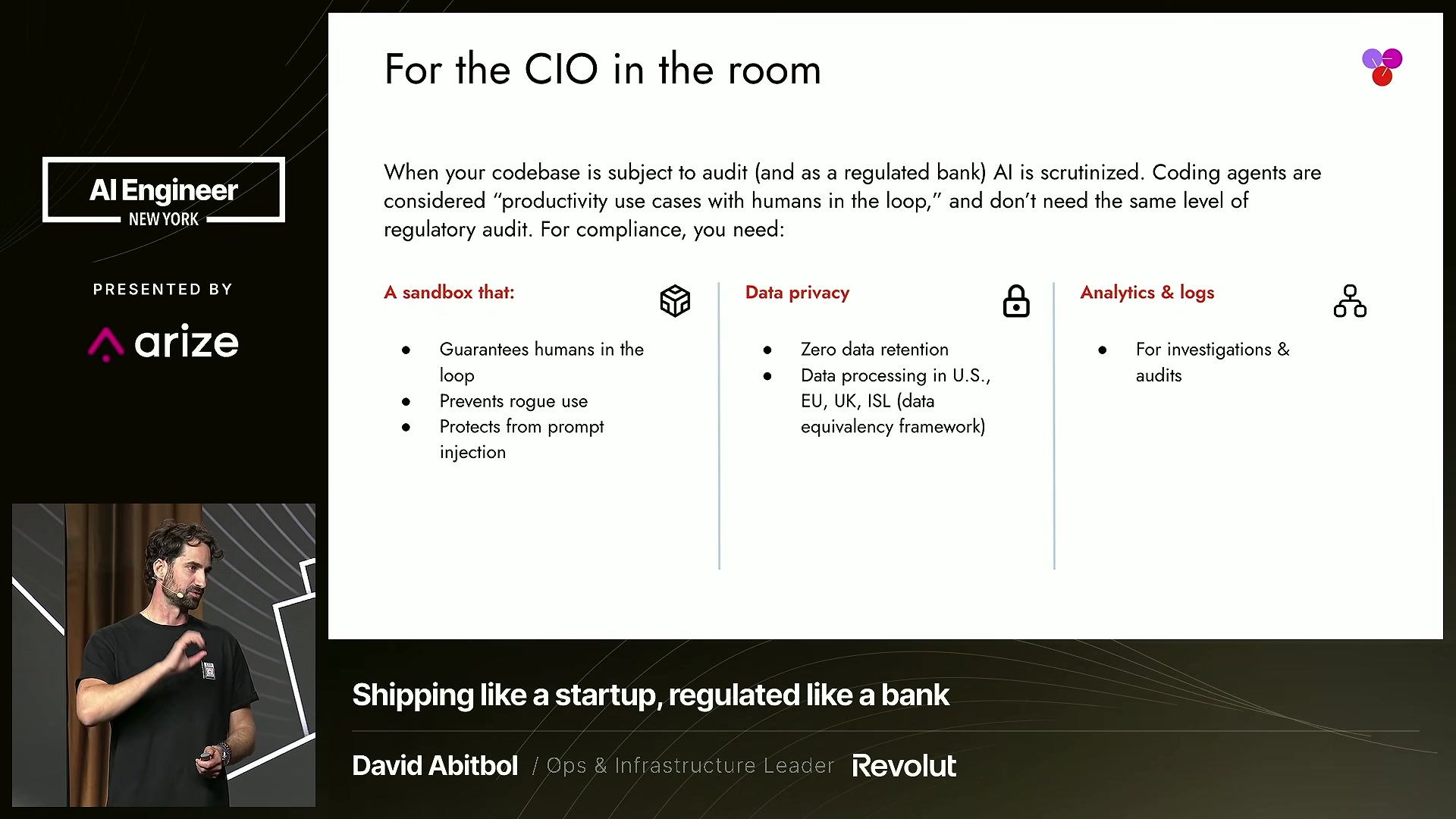 Slide: For the CIO in the room, coding agents treated as productivity use cases with humans in the loop; a sandbox, data privacy controls and analytics/logs