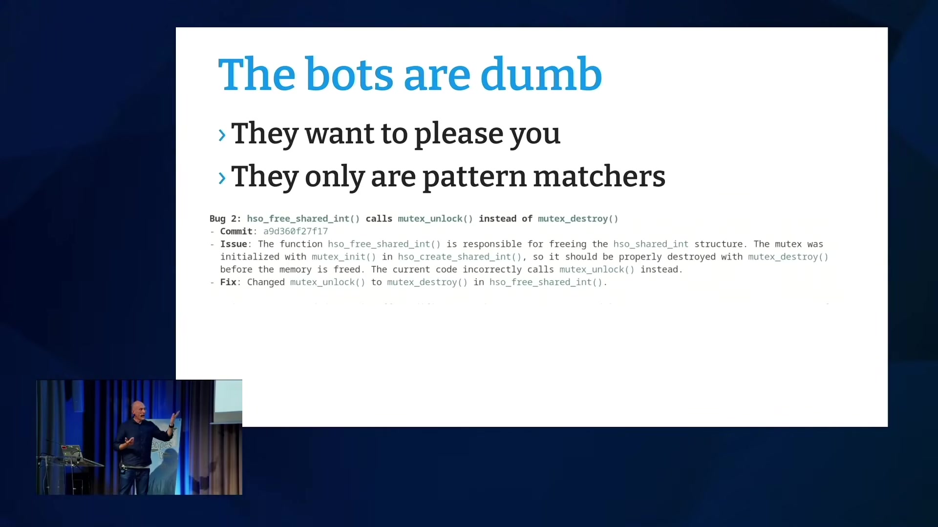 Slide: The bots are dumb, an LLM patch replacing mutex_unlock with mutex_destroy