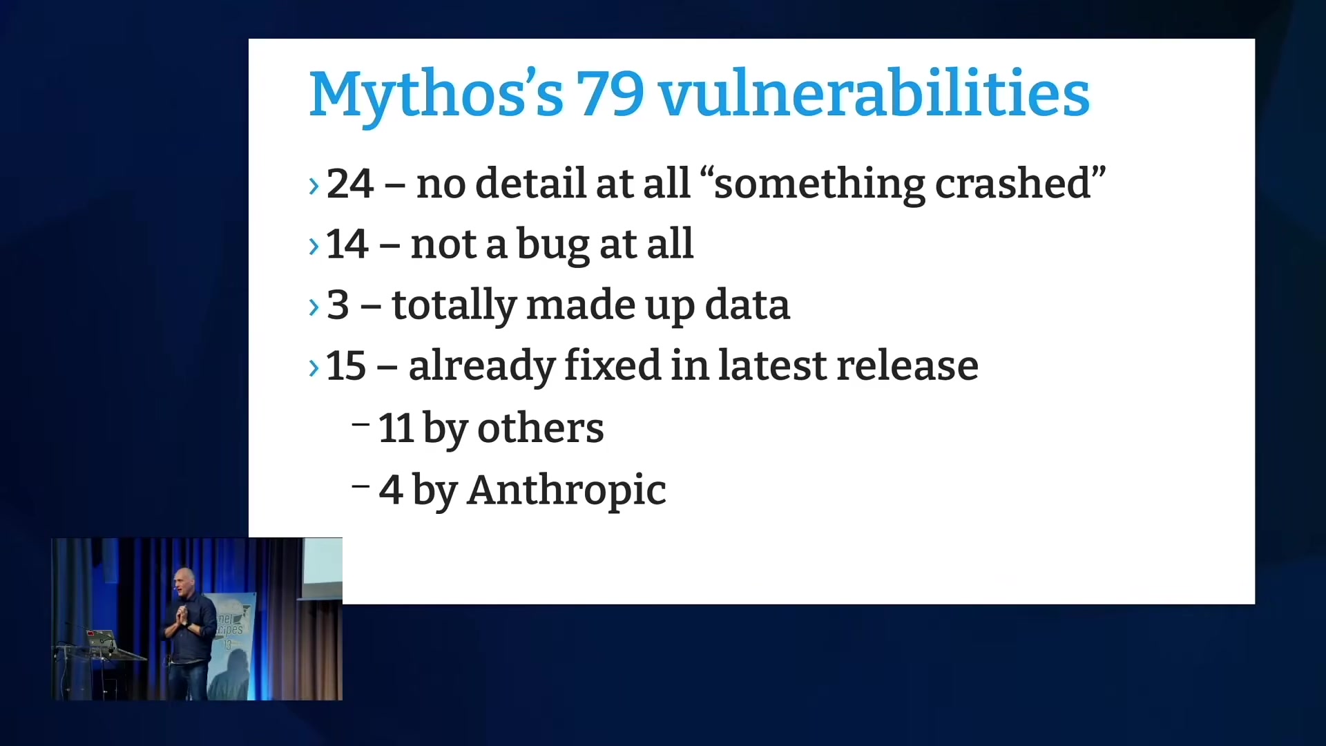 Slide breaking down the 79 vulnerabilities Mythos reported in Linux