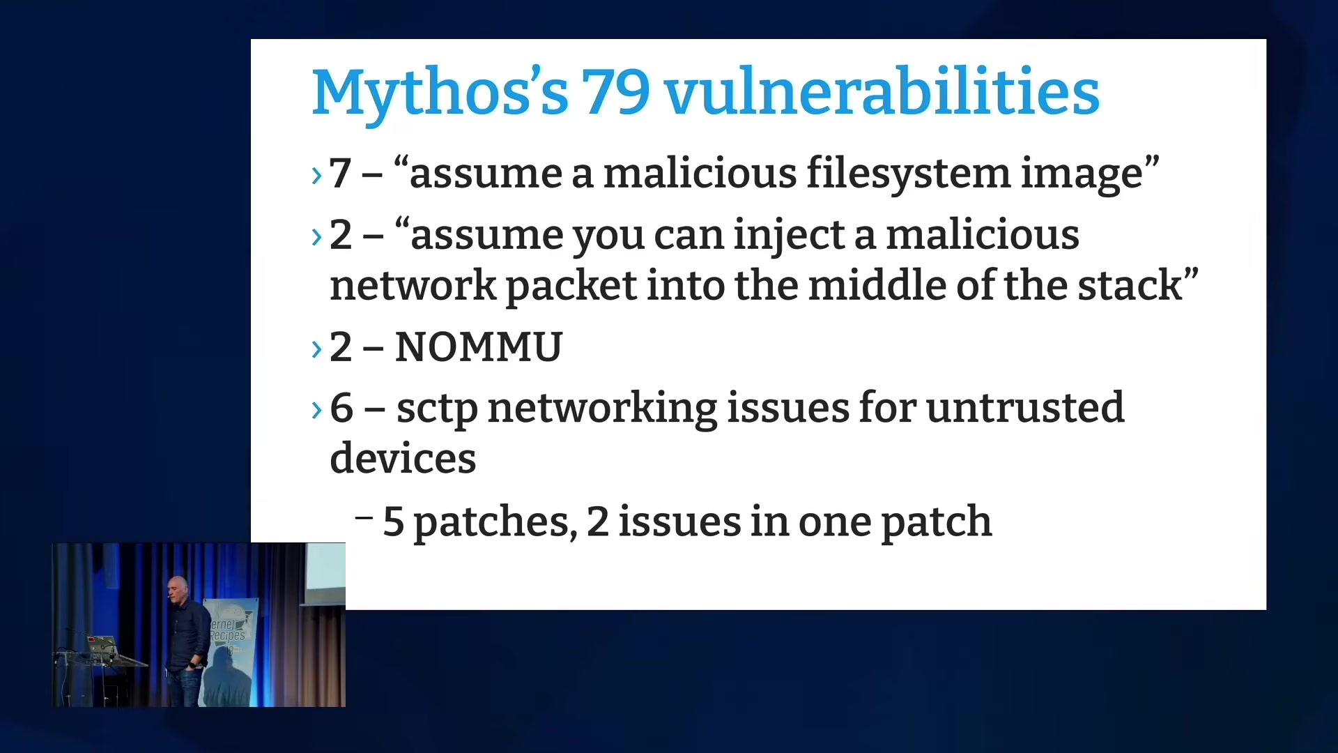 Slide: remaining categories, malicious filesystem images, packet injection, NOMMU, SCTP